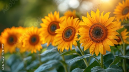 a row of sunflowers in a field with the sun shining through the leaves and the flowers in the foreground.
