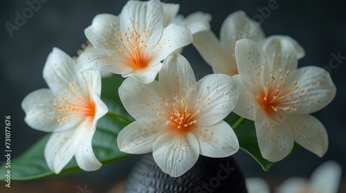 a black vase filled with white flowers on top of a green leafy tablecloth on top of a wooden table. photo