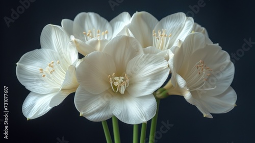 a group of white flowers sitting on top of a green vase filled with water in front of a black background.