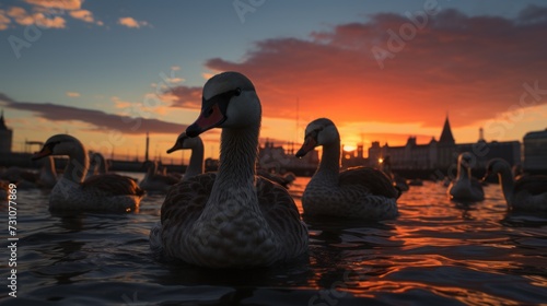 a group of ducks floating on top of a body of water near a city at sunset with buildings in the background. photo