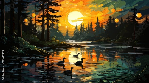 a painting of a sunset over a lake with ducks in the foreground and trees on the other side of the lake.