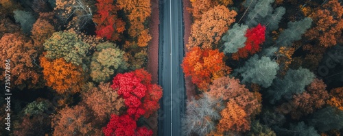 An elevated view of a road winding through a forest during autumn. © vadymstock