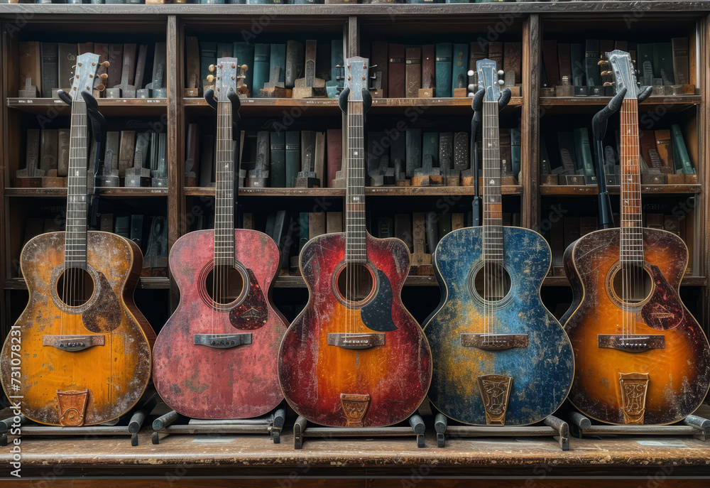 Naklejka premium Old dusty guitars in row on shelf in music store