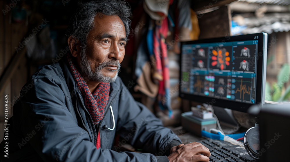 a poor man in rural area with a screen a poor man in rural area with a screen