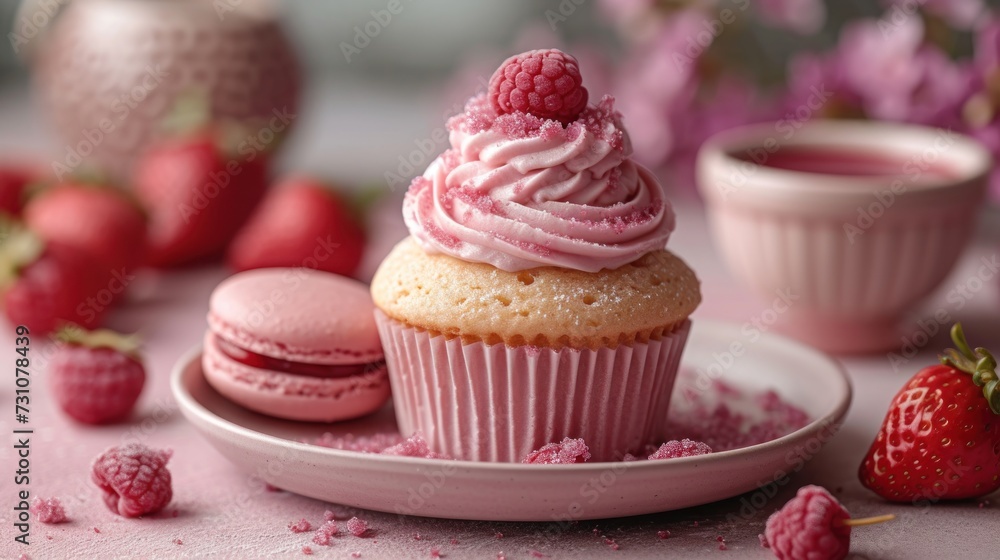 a cupcake with pink frosting and raspberries on a plate next to a bowl of raspberries.