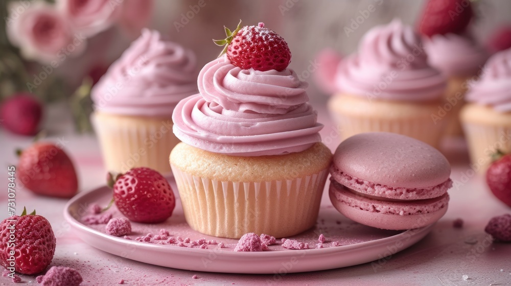 a close up of a plate of cupcakes with frosting and a strawberry on the top of the cupcake.