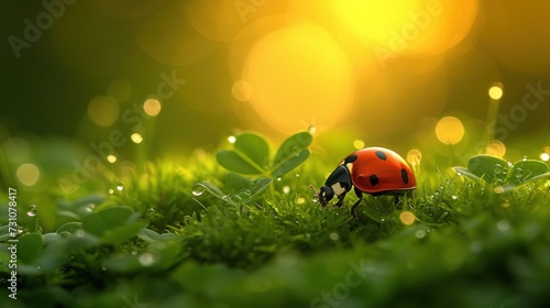 a ladybug sitting on top of a lush green field of grass next to a green leafy plant.