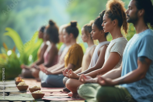 Diverse group meditating in a peaceful setting, promoting mindfulness and mental well-being.