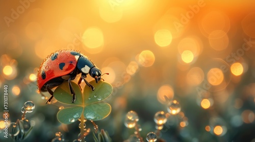 a ladybug sitting on top of a four leaf clover with dew drops on it's petals and the sun in the background.