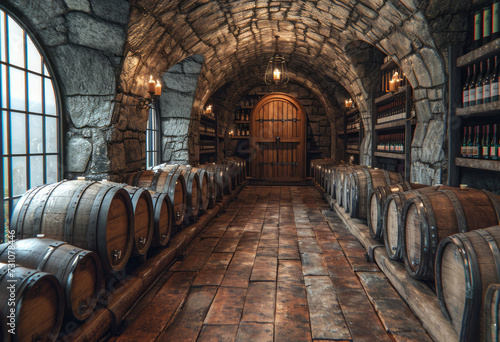 Wine barrels stacked in the old cellar of the winery. The cellar of a winery with wine barrels coming out of the stone wall