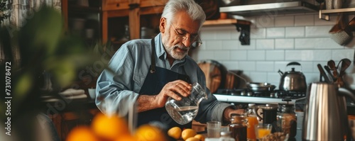 An elderly man pours water into a glass while having breakfast in his home kitchen.