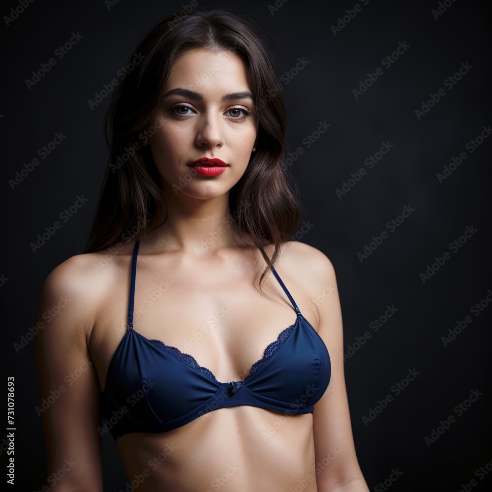 photo of a woman wearing colored lingerie, posing seductively in a studio setting