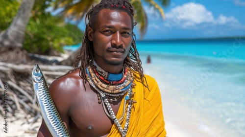 a man with dreadlocks standing on a beach with a spear in his hand and a necklace around his neck. © Nadia