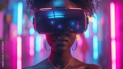 An excited young African American lady wears VR glasses and touches something invisible at copy space. A millennial female experiences an immersive virtual reality adventure at a neon studio backdrop. © Zaleman