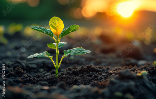 Young plant growing in the soil and blurred green bokeh of the sunset