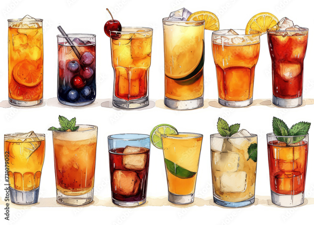 Set of twelve different cocktails on white background Set of twelve different cocktails on white background