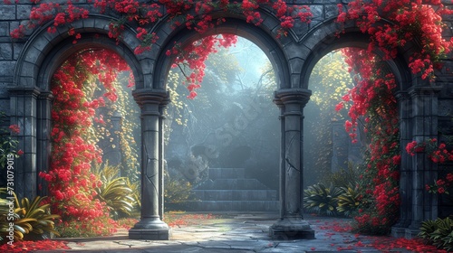 Beautiful secret fairytale garden with flower arches and colorful greenery. Digital painting background.
