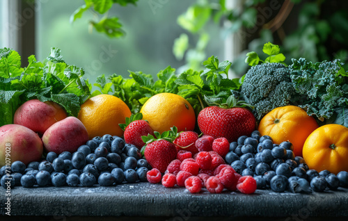 Fresh fruits and berries on wooden table. various types of fresh fruits and vegetables