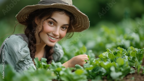A woman smiles as she gardens in a vegetable patch