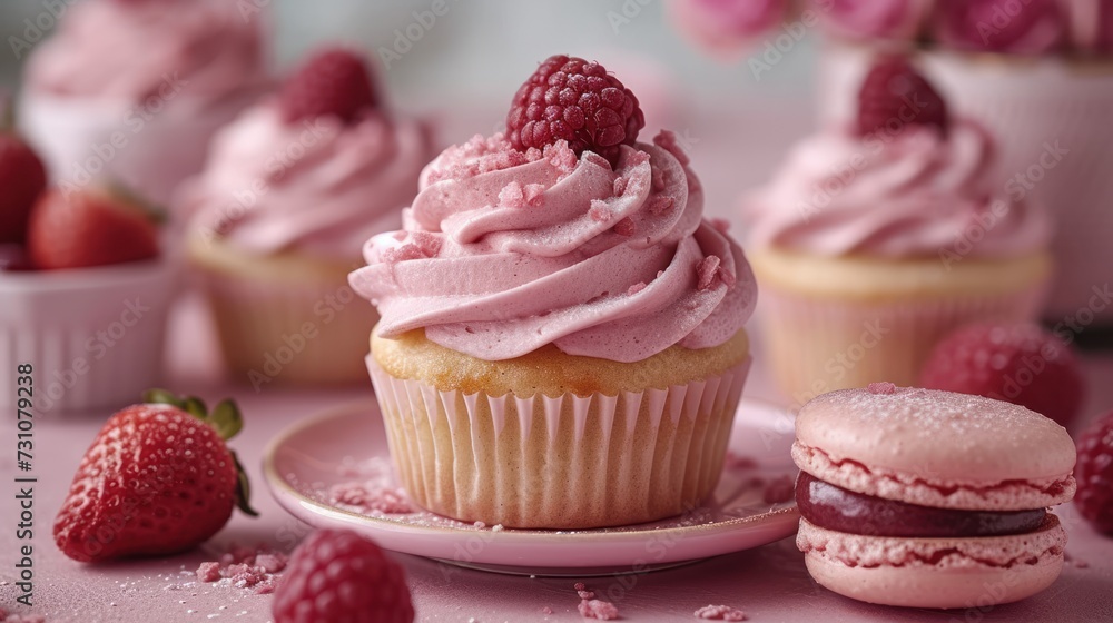 a close up of a plate of cupcakes with raspberry frosting and raspberries on the side.