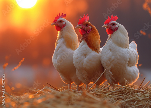Three chickens are sitting on hay against sunset. © Vadim