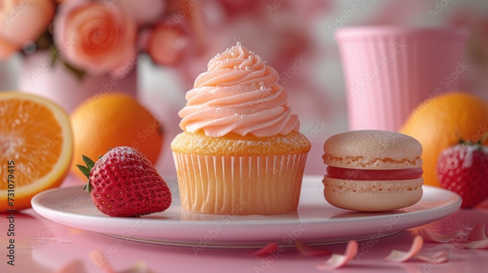 a white plate topped with three cupcakes next to oranges and a strawberry on top of a table. a white plate topped with three cupcakes next to oranges and a strawberry on top of a table.