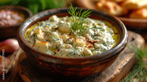 a close up of a bowl of food with a sprig of dill in the middle of it.