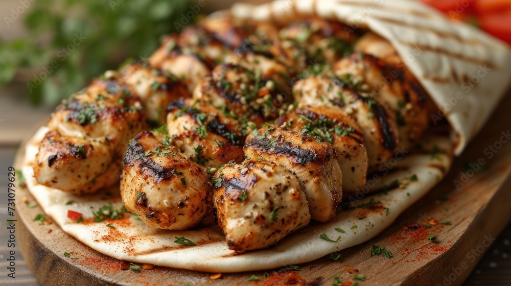 a close up of a plate of food with meat on a cutting board with a napkin on top of it. a close up of a plate of food with meat on a cutting board with a napkin on top of it.