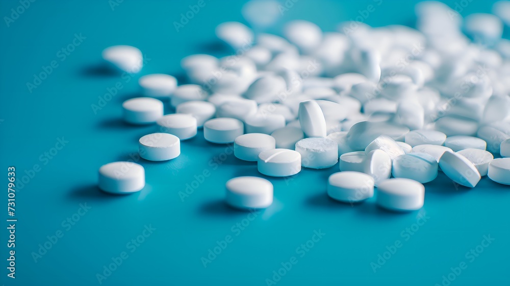 A Pile of White Pills Sitting on Top of a Blue Table A Pile of White Pills Sitting on Top of a Blue Table