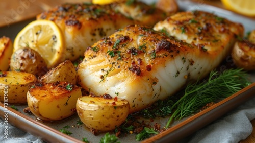 a plate of seared scallops with potatoes and lemon wedges on a wooden table with a napkin.