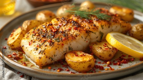 a close up of a plate of food with fish, potatoes and a slice of lemon on a table cloth.