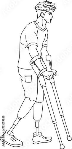 Young Man With Prosthetic Legs for Coloring. Handsome Man with Prosthetic Legs Learning to Walk with Crutches. Vector illustration