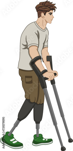 Young Man With Prosthetic Legs. Handsome Man with Prosthetic Legs Learning to Walk with Crutches. Vector illustration