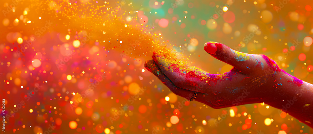 Colorful Holi powder is blown away from a woman's hand - Happy Holi