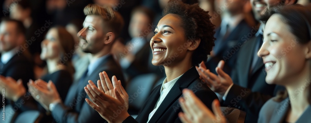 Business colleagues smiling and applauding at a conference event held in a convention center. Business colleagues smiling and applauding at a conference event held in a convention center.