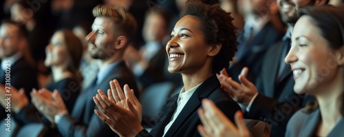 Business colleagues smiling and applauding at a conference event held in a convention center. photo