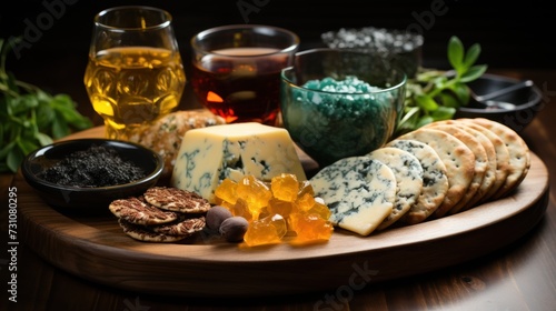 a variety of cheeses and crackers on a wooden platter with a glass of wine in the background.