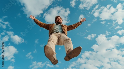 Low angle view of a smiling man levitating mid-air against the sky.
