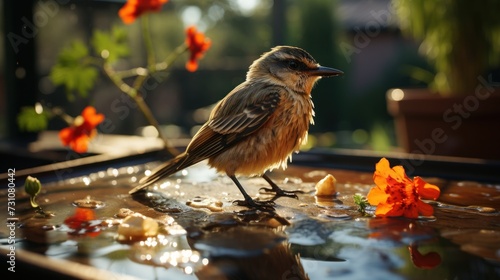 a small bird standing on the edge of a pool of water next to a flower and a potted plant. photo