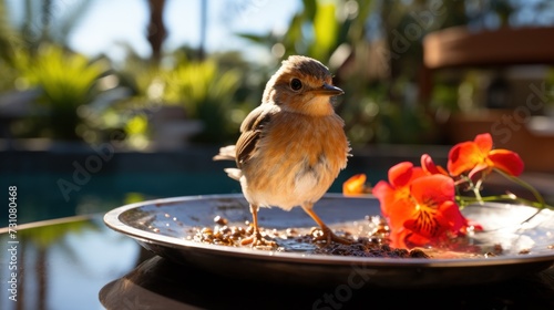 a small bird sitting on top of a metal plate next to a flower on a table next to a pool. photo