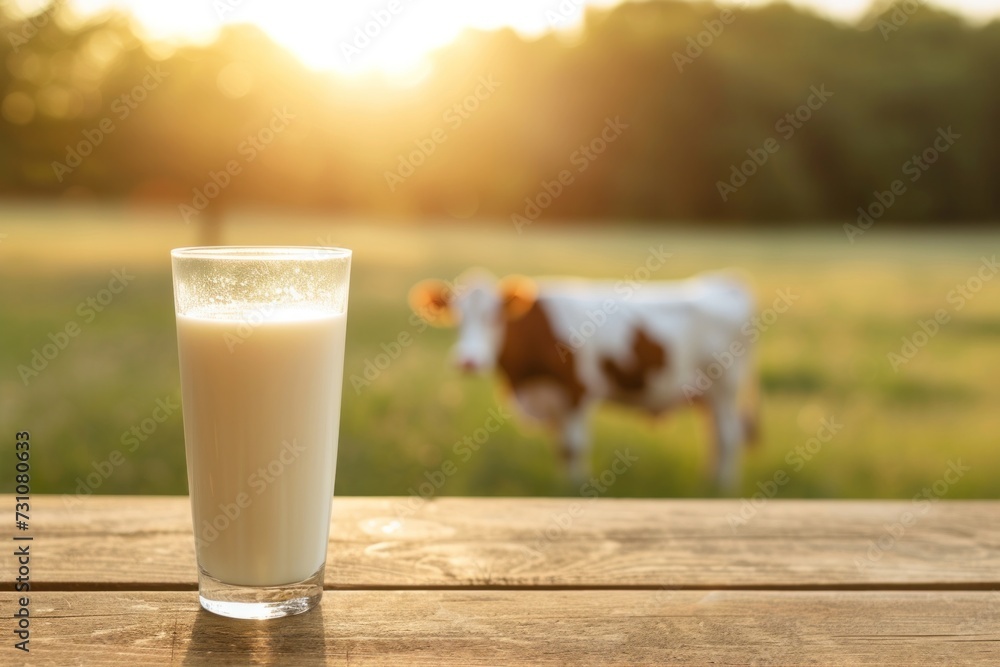 A glass of milk on a wooden table and a cow on the background of a summer landscape. Copy A glass of milk on a wooden table and a cow on the background of a summer landscape. Copy