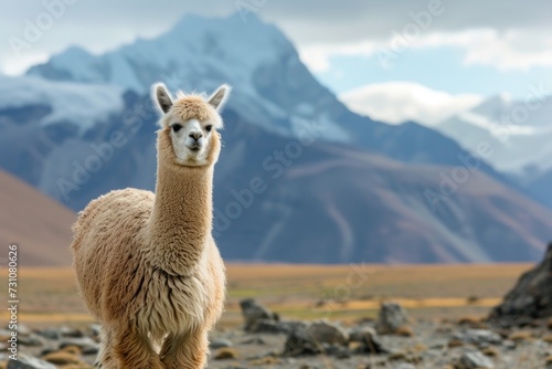 alpaca stands looking at the camera against a background of mountains on a sunny day.