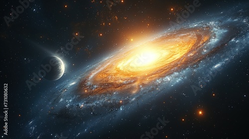 an artist's rendering of a spiral galaxy with a star in the foreground and a distant object in the background.
