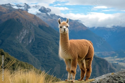 alpaca stands looking at the camera against a background of mountains on a sunny day.
