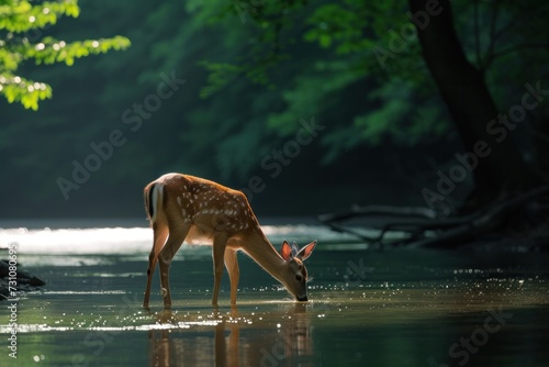 A lone deer takes a drink in the calm river. There is sunlight shining in the middle of this inherently beautiful art. photo