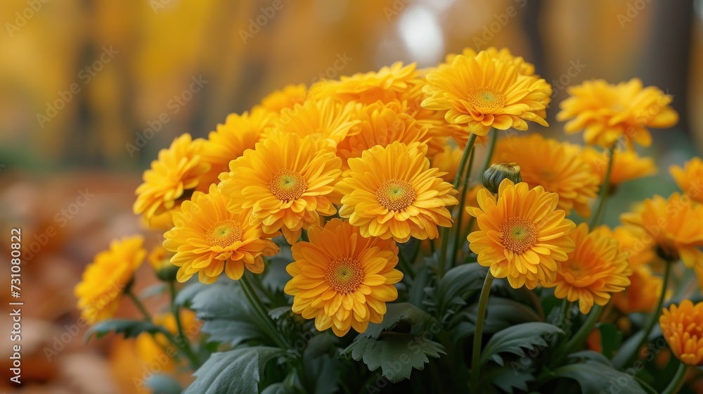 a close up of a bunch of flowers with leaves in the foreground and a blurry background in the background.