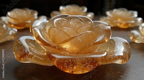 a glass flower sitting on top of a table next to other glass flowers on top of a wooden table top. photo