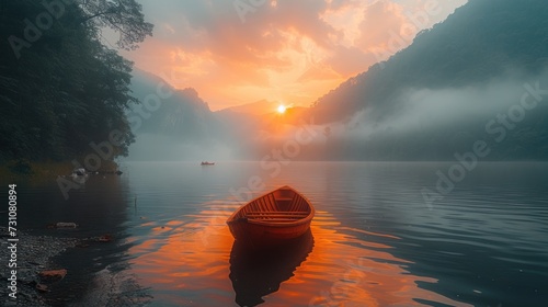 a small boat floating on top of a body of water under a sky filled with clouds and a setting sun.
