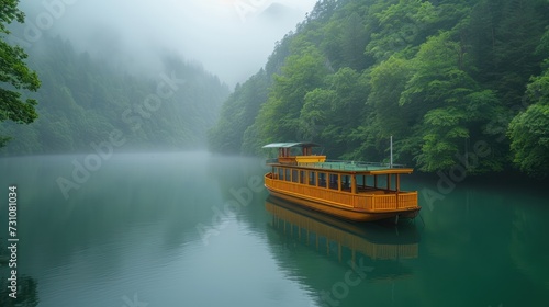 a yellow boat floating on top of a lake next to a lush green forest covered forest filled with lots of trees. photo