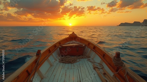 a boat on a body of water with the sun setting in the middle of the ocean and clouds in the sky.